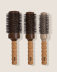 Three hairbrushes with cork handles and 'REN' branding on a beige background
